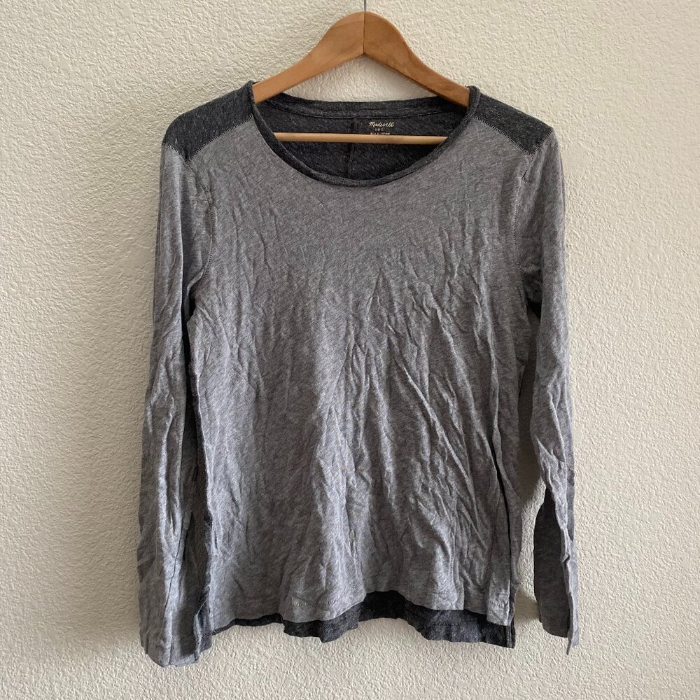 Madewell Gray Long Sleeve Shirt Crew Neck Size Large High Low 100% Cotton